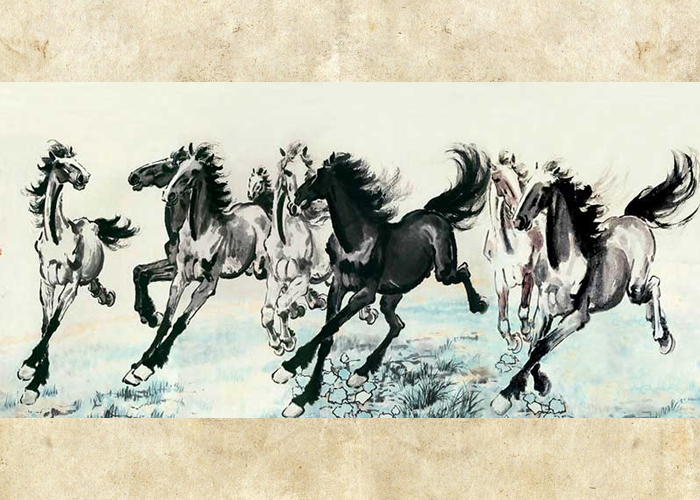 Шесть галопирующих лошадей.