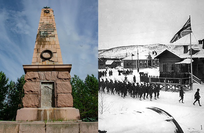 Памятник жертвам Мудьюгского концентрационного лагеря и архивная фотография лагеря.