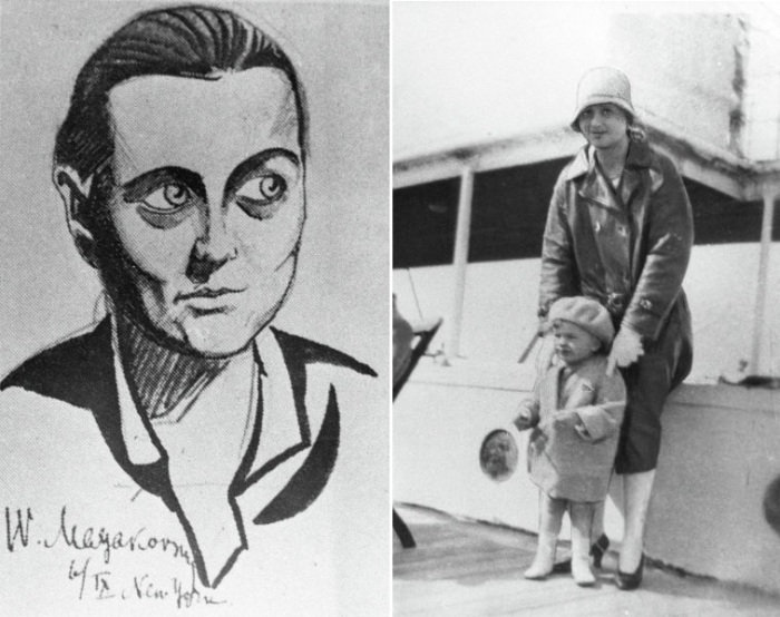 Элли Джонс, репродукция рисунка Маяковского (слева), две Элли (справа).