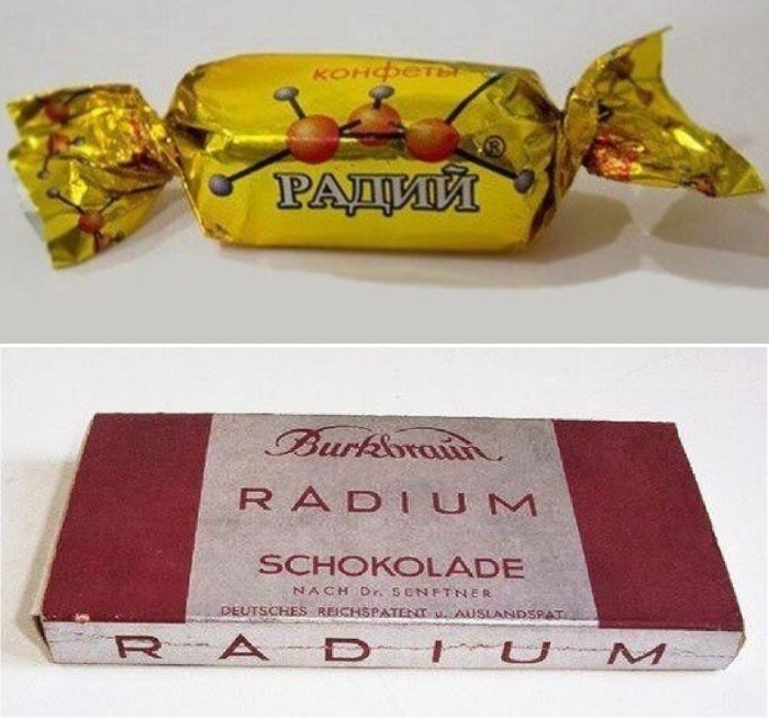 Верхнее фото: обычная безвредная  советская конфетка с модным названием. Нижнее фото: немецкая шоколадка, содержащая настоящий радий.