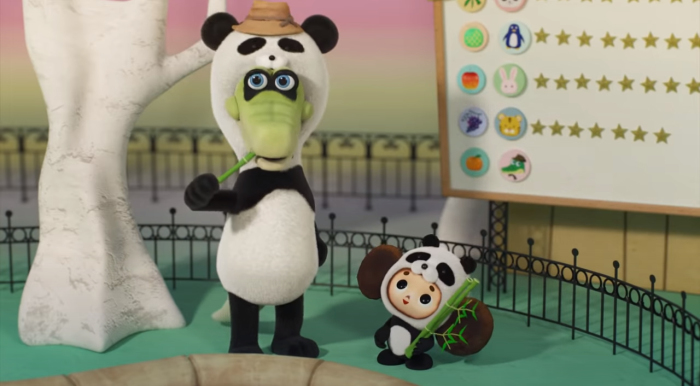 Гена и Чебурашка изучают, чем питаются панды, и сами пытаются быть пандами.
