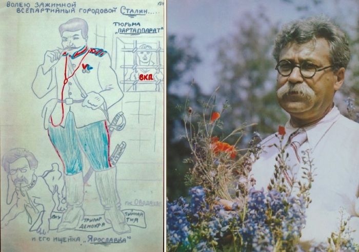 На фото слева карикатура на Ярославского и Сталина, нарисованная представителем левой оппозиции после XV съезда ВКП (б)