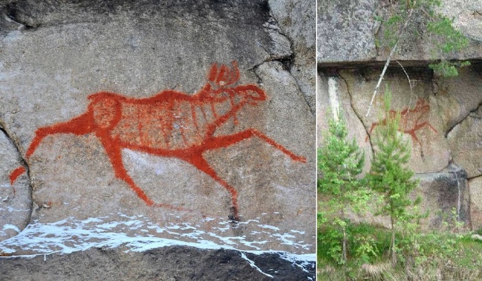 Загадочные красные лоси, по замыслу древнего художника,  куда-то бегут.