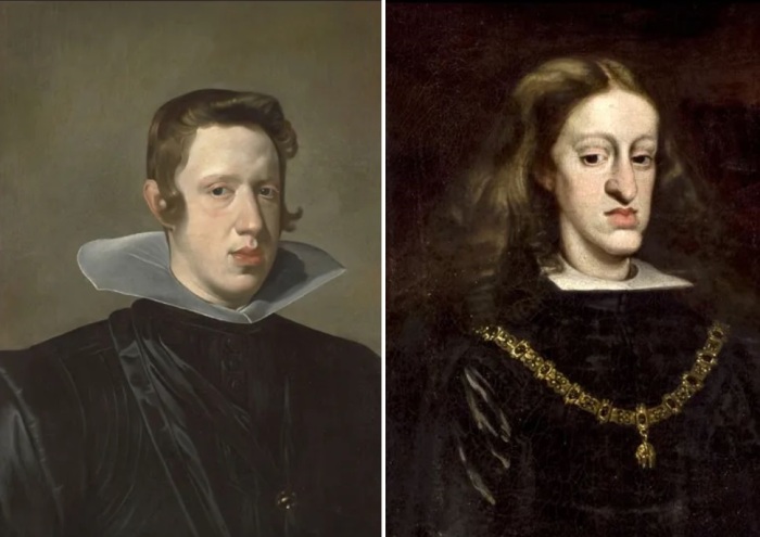 Карл II (последний правитель Испании) и Филипп IV имели хактерные черты: выступающая челюсть с пухлой губой и длинный нос.