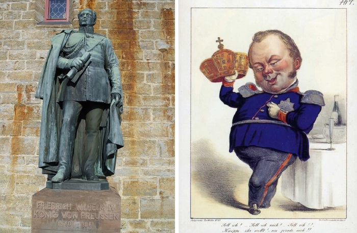 Памятник королю (слева). Карикатура на него (справа).