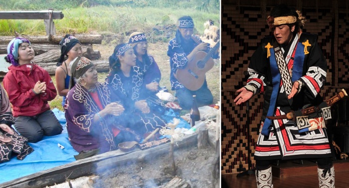 Современные айны в национальной одежде. На фото слева – свадьба в народных традициях.