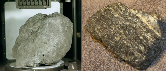 Более поздние по возрасту образцы (им 4 млрд. лет) : Лунный камень, собранный во время миссии Аполлон-14 (слева), и найденная в Канаде горная порода гнейс (справа).