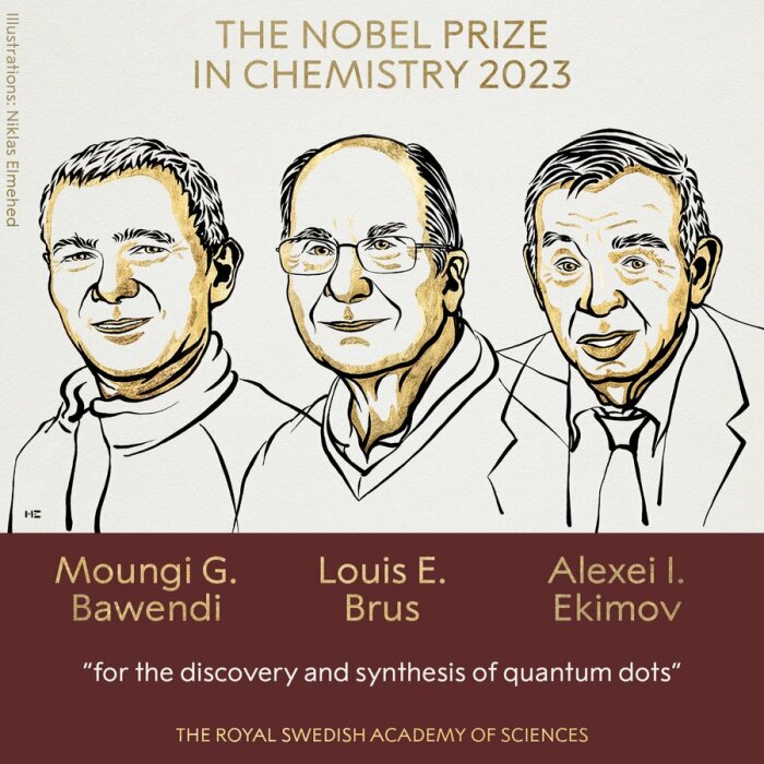  Екимов и его коллеги-победители, рисунок. /Фото: официальный аккаунт @The Nobel Prize