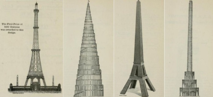 Башня лондонских архитекторов (слева) и три проекта-претендента.
