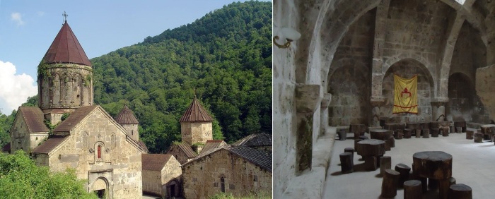 Церкви Степаноса и Богородицы (слева). Помещение трапезной (справа).