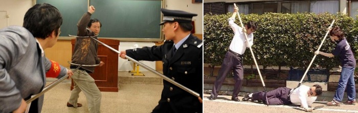 Полицейские учат сотрудников школ обезвреживать маньяков с помощью специального приспособления.