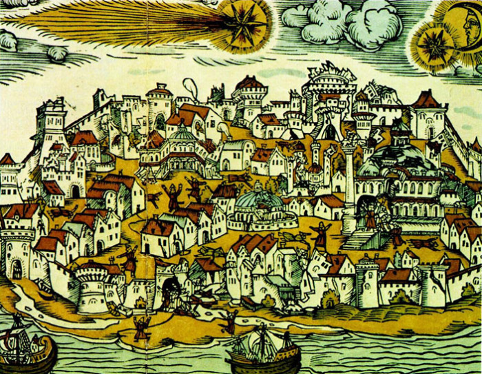 Стамбул (Константинополь) после землетрясения 1556 года. Резьба по дереву (Германия).