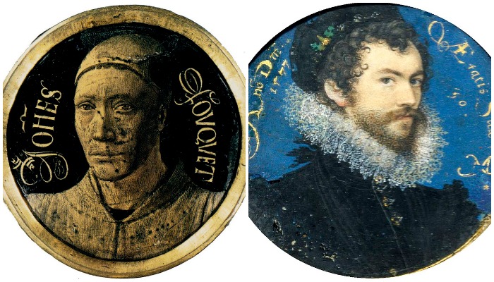 Слева - первая миниатюра - автопортрет Жана Фуке; справа - автопортрет Николаса Хиллиарда