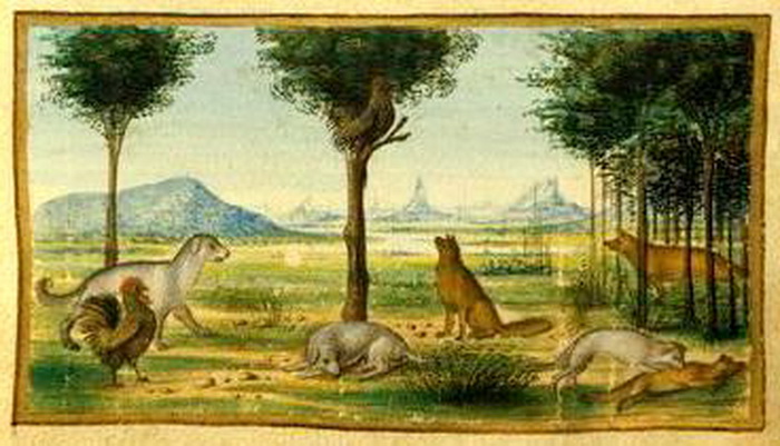Иллюстрация XV века к басне Эзопа «Петух, собака и лиса». Источник: commons.wikimedia.org