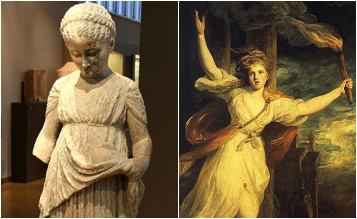 Слева - статуя девочки IV в. до н.э., справа - изображение Таис Афинской, гетеры, чье имя связывают с Александром Македонским