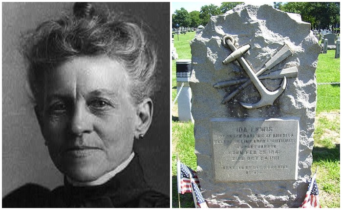 Слева - Айда Льюис в пожилом возрасте; справа - ее надгробие на кладбище Ньюпорта.