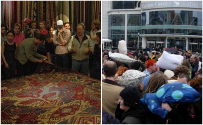 Слева - первый флешмоб в магазине ковров; справа - битва подушками на улице в Торонто