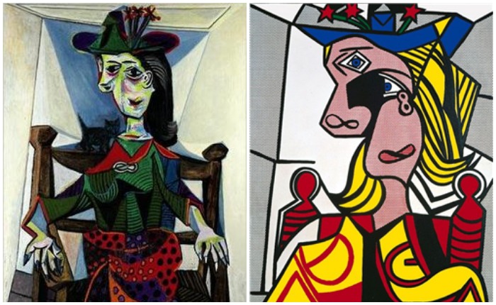 Слева - картина Пикассо, справа - вариация Роя Лихтенштейна, «Женщина в шляпе с цветами»