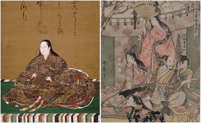 Йодо-доно, наложница влиятельного самурая (слева); ее хозяин, Тоетоми Хидзеши, с наложницами (справа)