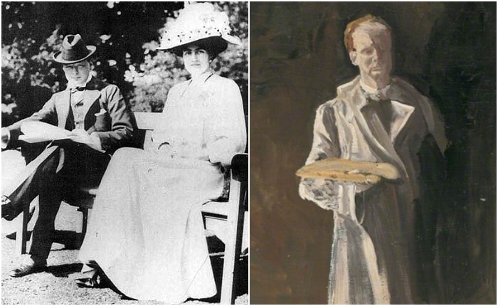 Черчилль с будущей женой Клементиной и автопортрет, написанный спустя несколько лет.