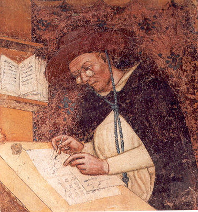Первое в истории изображение очков - фрагмент фрески из Тревизо, XIV век.