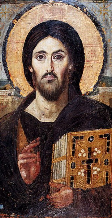 Христос Пантократор, икона VI в. Пальцы изображены сложенными двуперстно