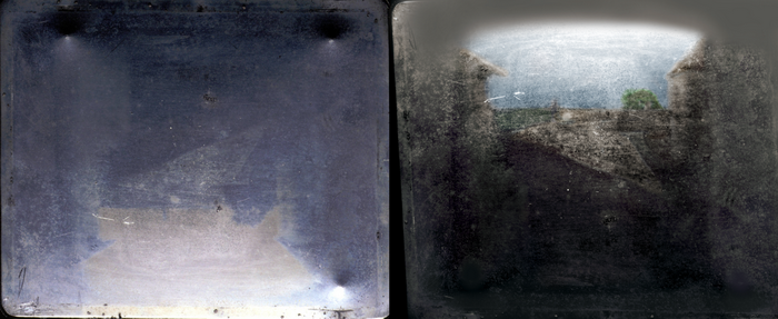 Знаменитое изображение из Ле-Гра - слева оригинальное, справа - улучшенное; не отличается выдающимися особенностями, но это - первая в истории фотография
