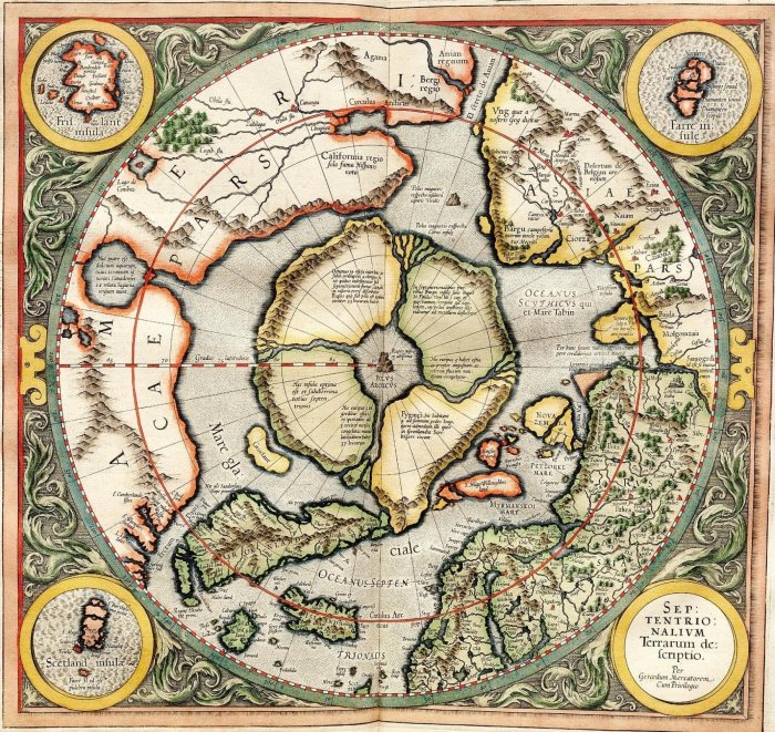 Карта Северного Ледовитого океана, созданная в XVI веке. В центре - материк, считающийся затонувшей Гипербореей