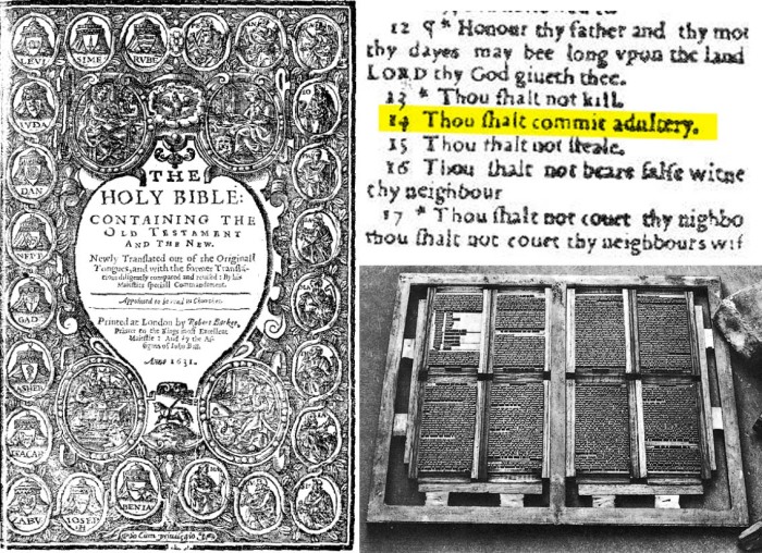 «Злая Библия» или «Библия прелюбодеев» - титульный лист, страница с опечаткой и приспособление для ручного набора текста