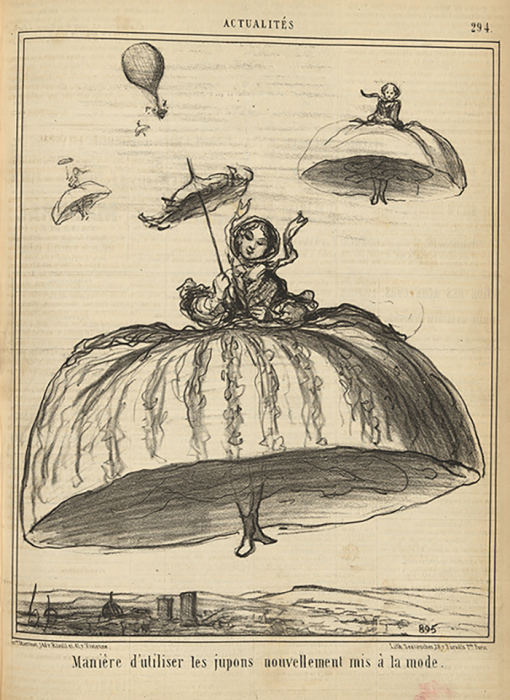 Новый способ использования нижних юбок, только что вошедших в моду. Карикатура Оноре Домье. 1856 год