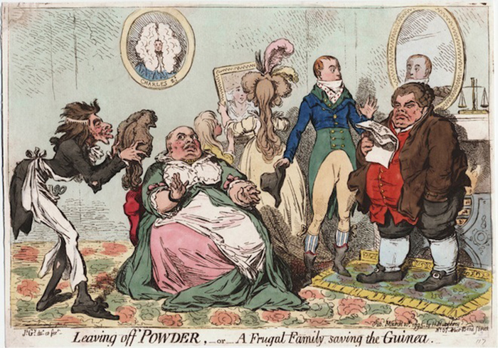 Отказ от пудры, или Бережливое семейство экономит гинею. Карикатура Джеймса Гилрея.  1795 год 