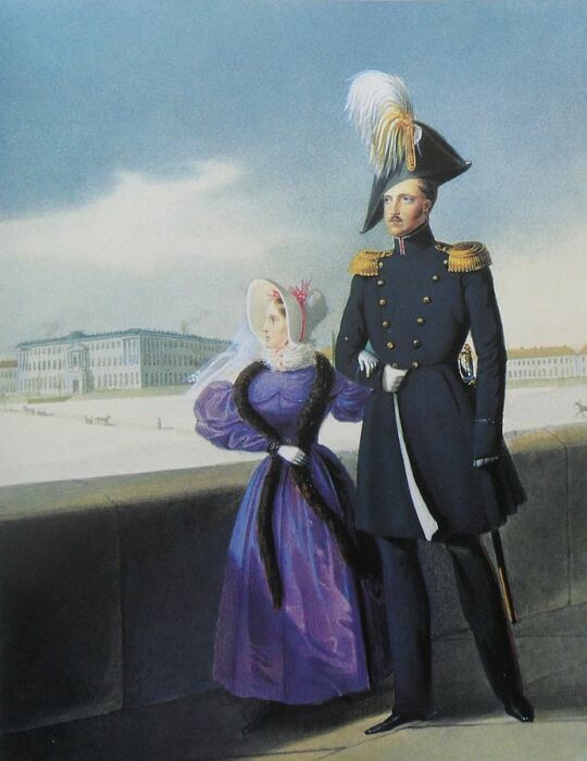 Царь Николай I и его дочь Мария Николаевна во время прогулки по Дворцовой набережной. / Фото: www.aria-art.ru