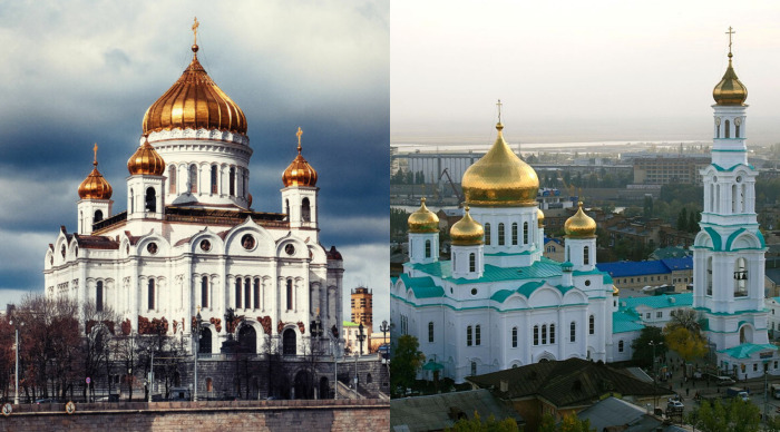 Собор Рождества Пресвятой Богородицы в Ростове-на-Дону (фото справа) отличается от московского храма Христа Спасителя (фото слева) колокольней, которая была построена около церкви