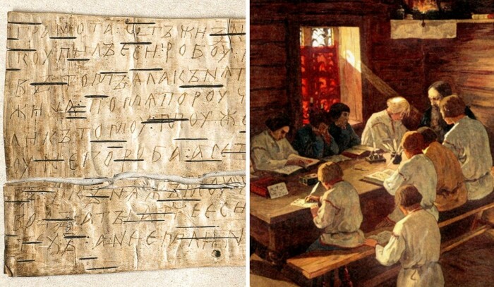 Первыми учебниками были Псалтырь и часослов, а настоящим символом времени – берестяные грамоты (фото слева)