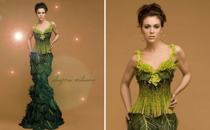Актриса в платье, созданном из овощей