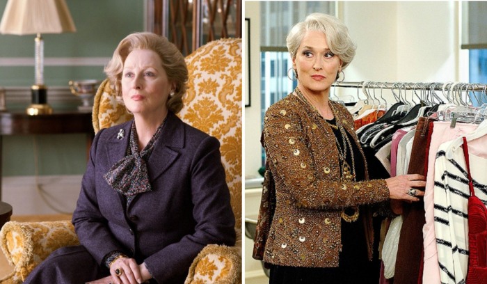 Слева - кадр из фильма «Железная леди» (2011), справа - «Дьявол носит Prada» (2006)