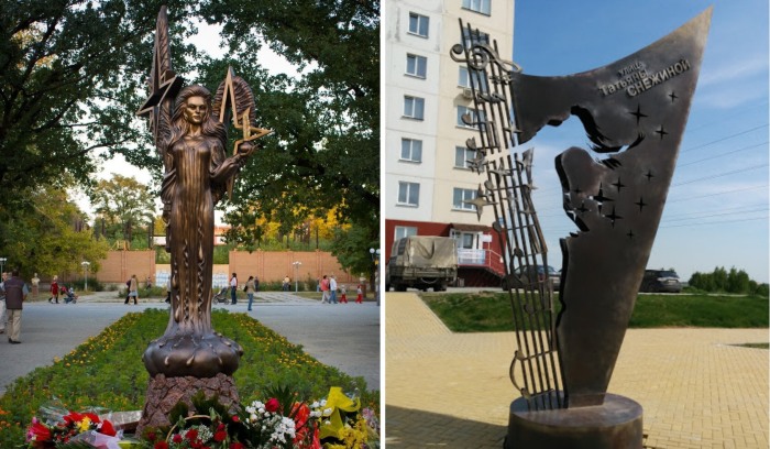 Слева - памятник Татьяне Снежиной в Луганске, справа - в Новосибирске
