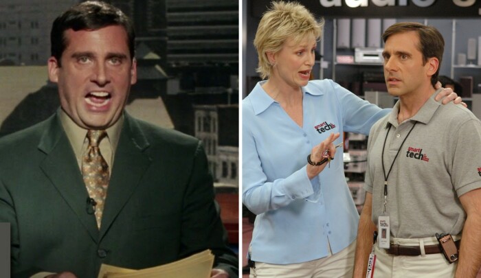 Слева - Стив Карелл в фильме «Брюс Всемогущий» (2003), справа - «Сорокалетний девственник» (2005).