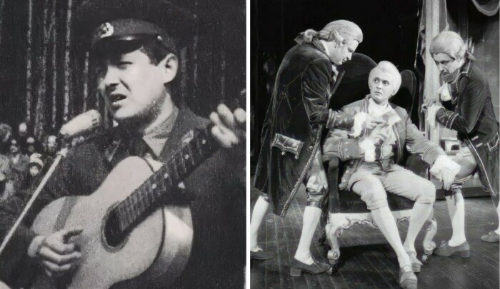 На фото слева - Стоянов в армии, справа - в театральной постановке в роли Моцарта (в центре).
