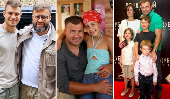 Слева - Пореченков с сыном Владимиром, по центру - с дочерью Варей, справа - с женой Ольгой и совместными детьми.