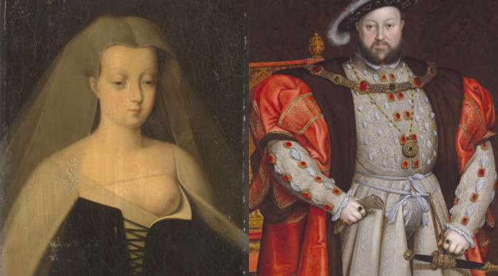 На фото слева -Агнес Сорель, любовница французского короля Карла VII (сына Изабеллы Баварской), справа - король Генрих VIII с гульфиком