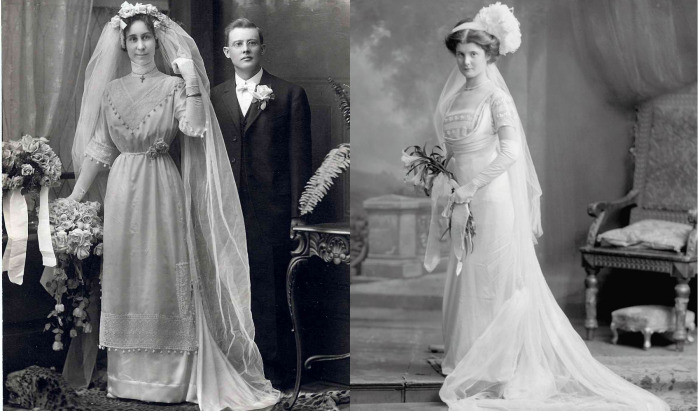Закрытая шея, высокая талия, шляпка, венок или тиара и обязательно фата - так выглядело большинство невест переходной эпохи