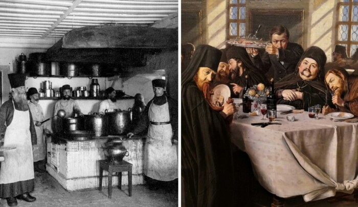Монастырская кухня XIX века (фото слева), фрагмент картины «Монастырская трапеза» В. Г. Перова (справа)