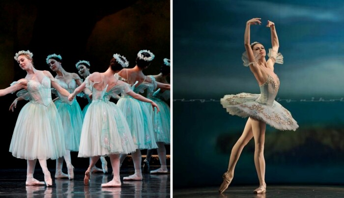 В классических постановках танцуют в «шопенках» (фото слева) или коротких пачках (фото справа)