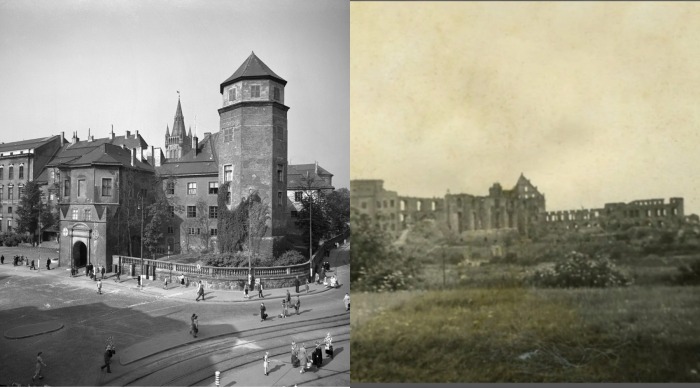 В 1944–1945 годах Кёнигсберг, включая замок, сильно пострадали от налетов англо-американской авиации (на фото справа послевоенный снимок замка)