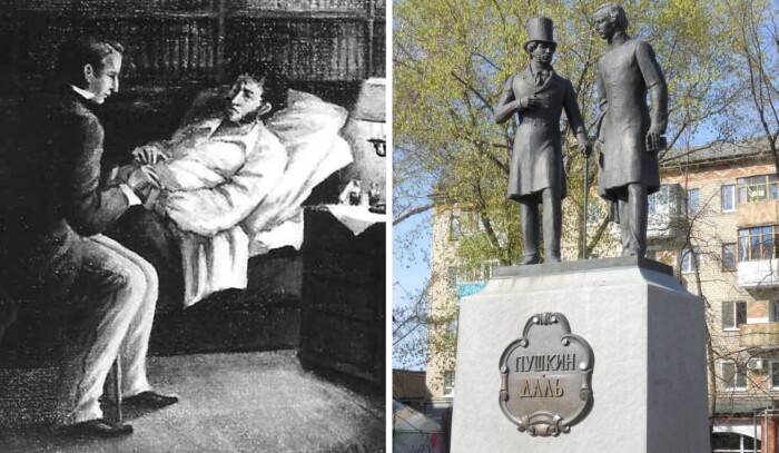 Даль провел с Пушкиным последние часы его жизни. На фото справа памятник Пушкину и Далю в Оренбурге