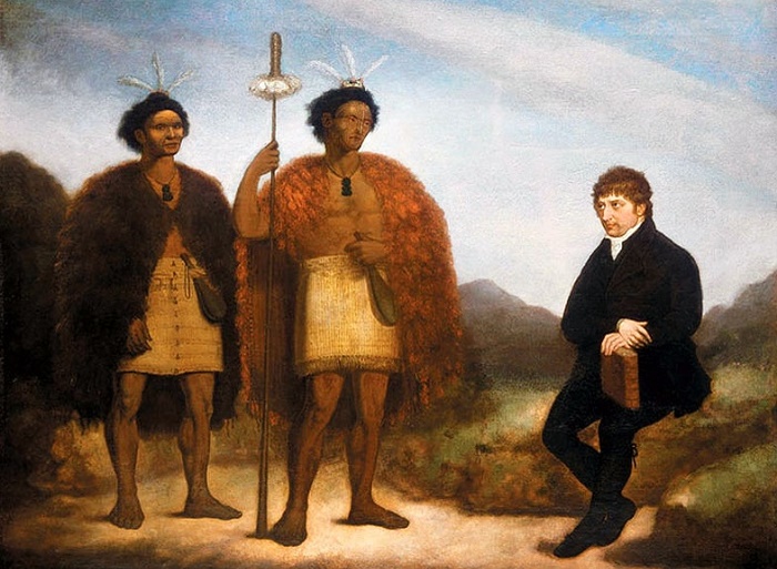 Вождь Хонги Хике (в центре) встречается с миссионером Томасом Кендаллом, 1820 год. National Library of New Zealand. / Фото: wikipedia.org