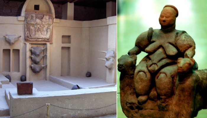 Реконструкция «святилища» Чатал-Хююк в Музее анатолийских цивилизаций. Справа -  статуэтка «Богини-матери», найденная при раскопках.