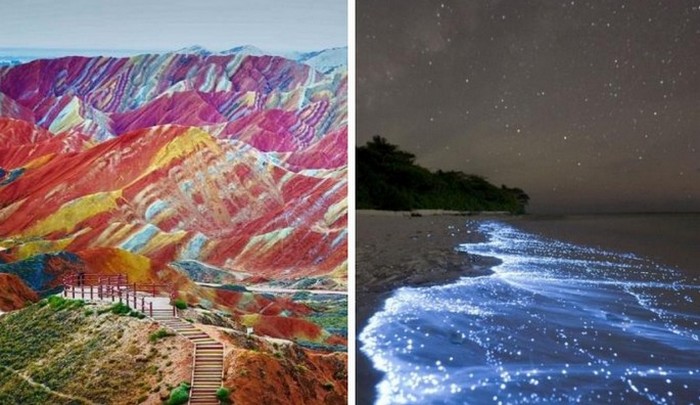Разноцветные горы в Китае, биолюминесцентное озеро в Пуэрто-Рико.