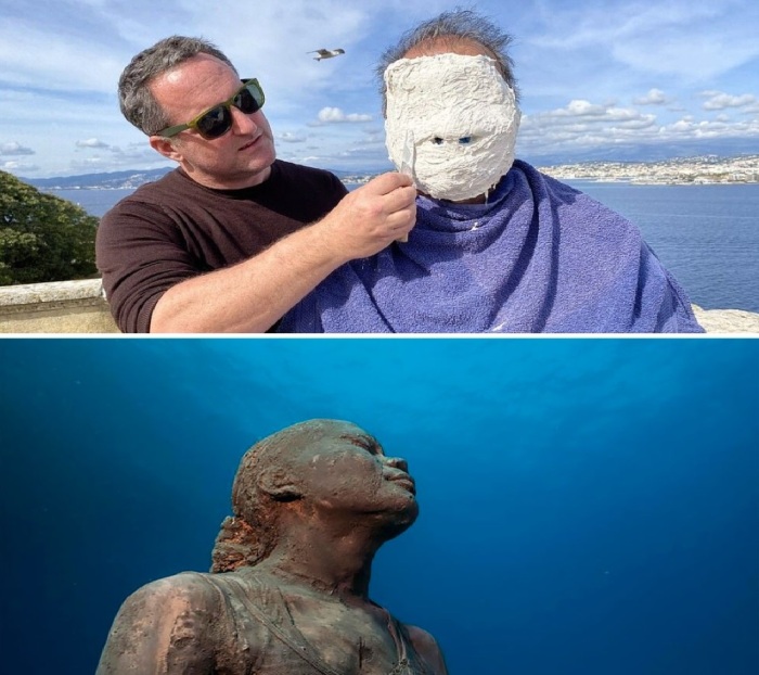 Художник снимает эскиз маски с местного жителя.